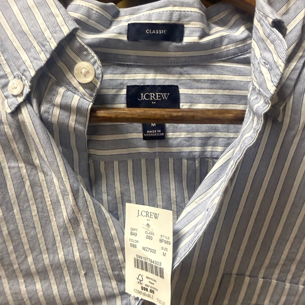 J. Crew Men's Gray and White Striped Button Down Shirt